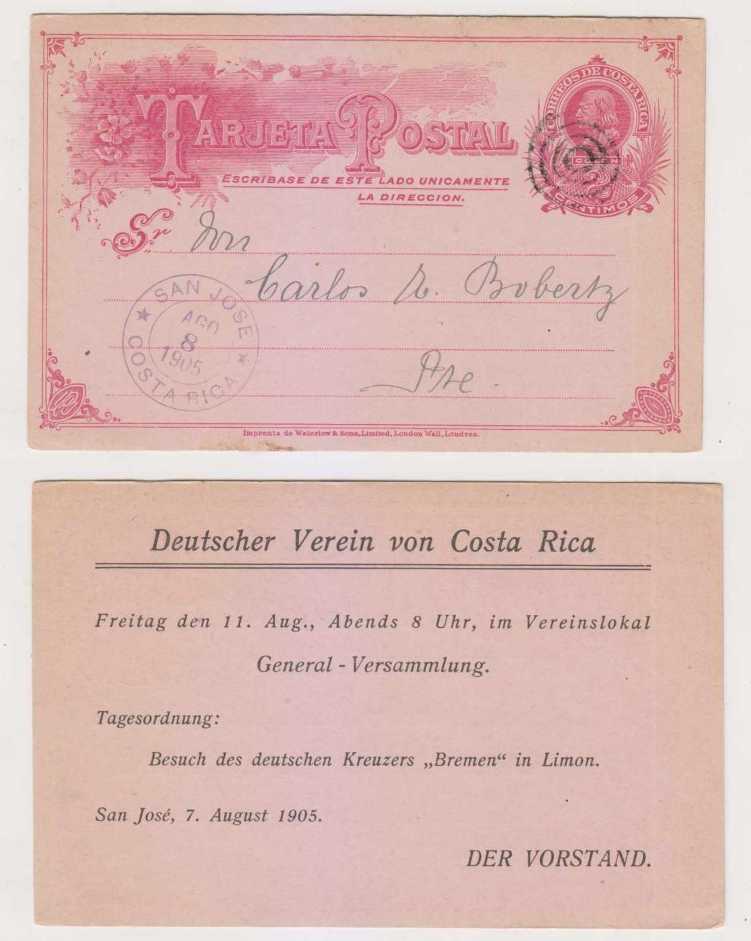 Costa Rica 1905 — H & G 8 preprinted by the German Society of Costa Rica on board of the Cruicer "Bremen"…