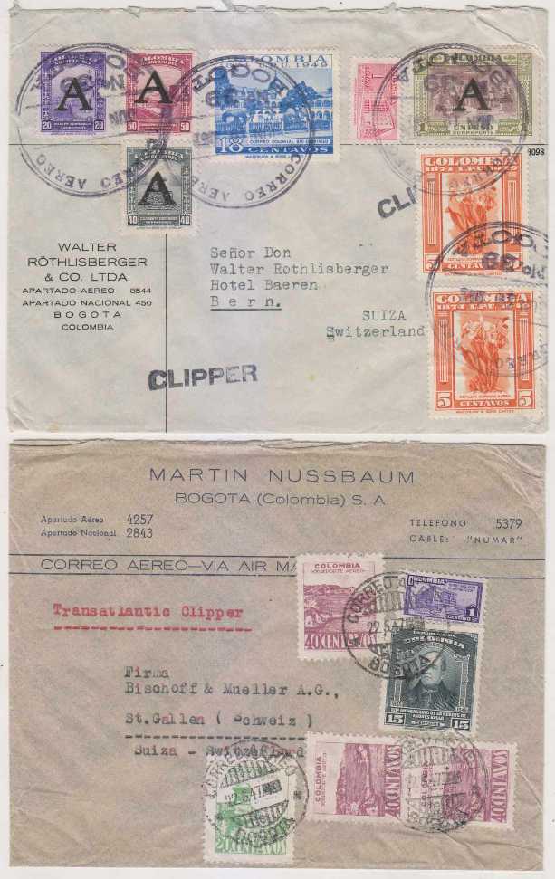 Colombia 1947 — Two transatlanctic Clipper airmail covers Bogota to Bera & St