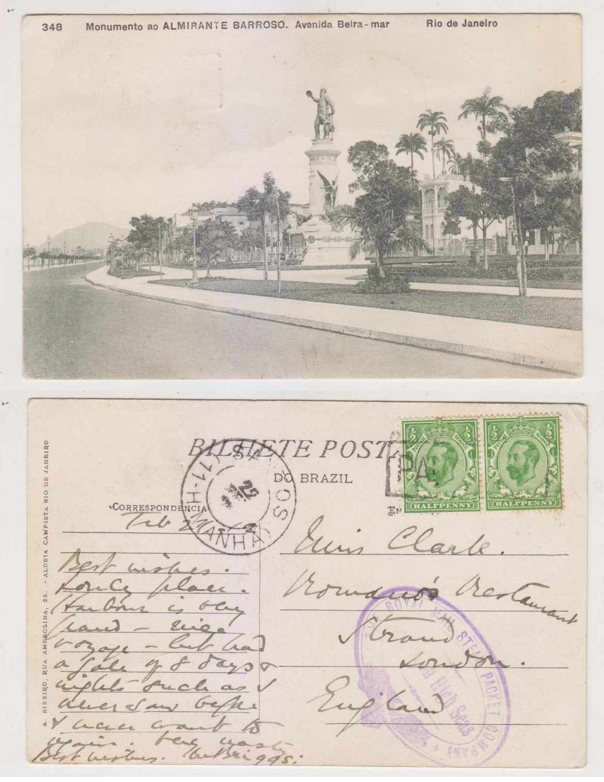 Great Britain 1911 — Brazil Ppc carried by the Royal Mail Steam Packet Co