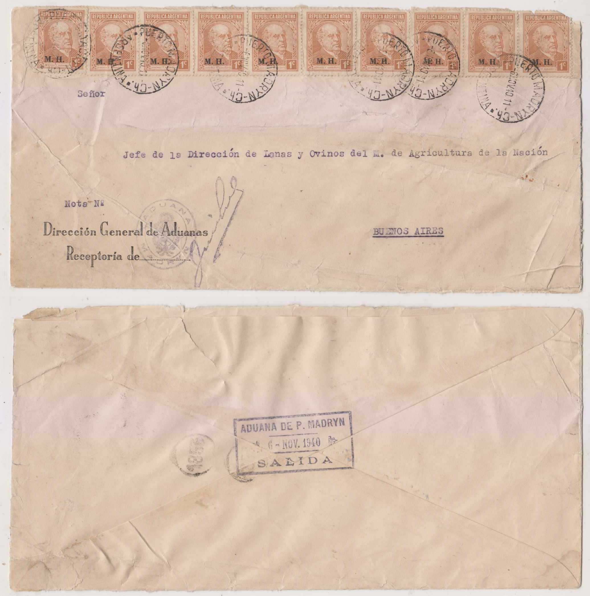 Argentina 1940 — Puerto Madryn Cutoms Official Cover