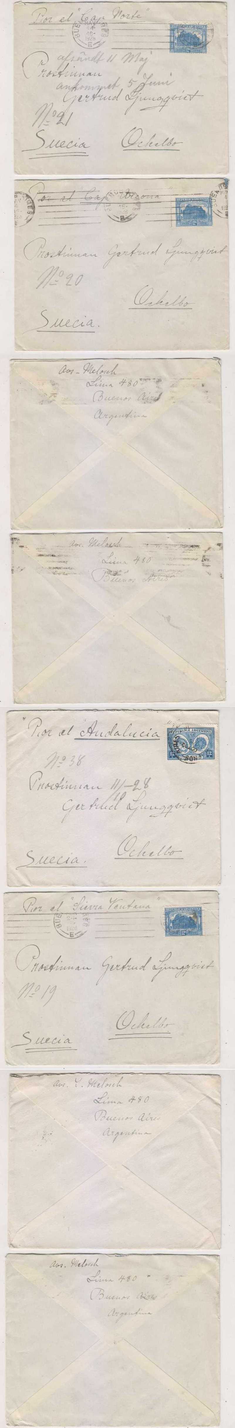 Argentina 1928 — Ten Mails Buenos Aires to Ockelbo, Sweden taken by different steamers including "Sierra…
