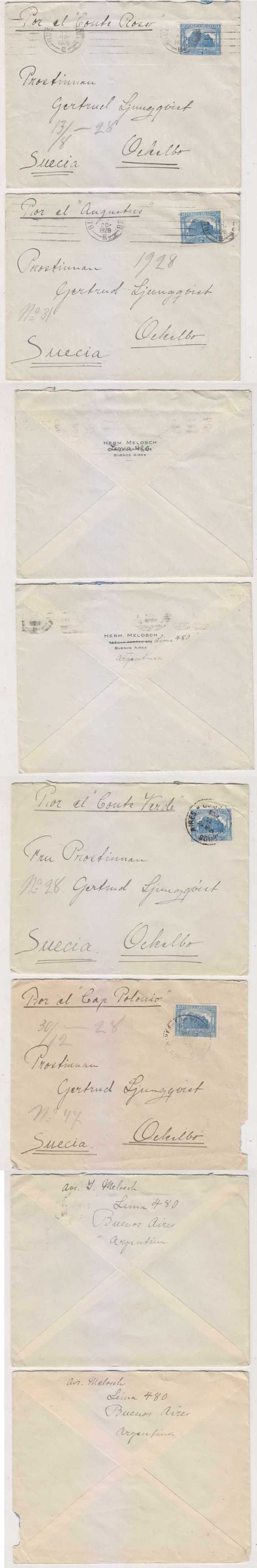 Argentina 1928 — Ten Mails Buenos Aires to Ockelbo, Sweden taken by different steamers including "Sierra…