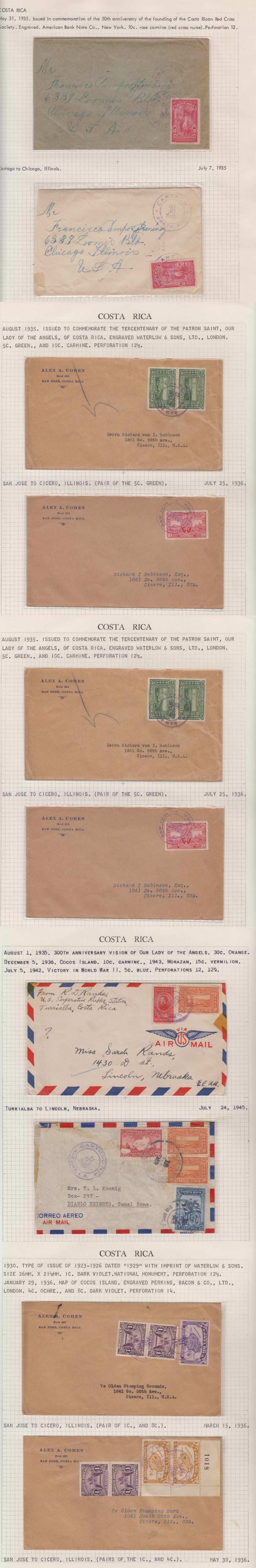 Costa Rica 1935 — Collection of 18 covers on album pages with its individual descriptions