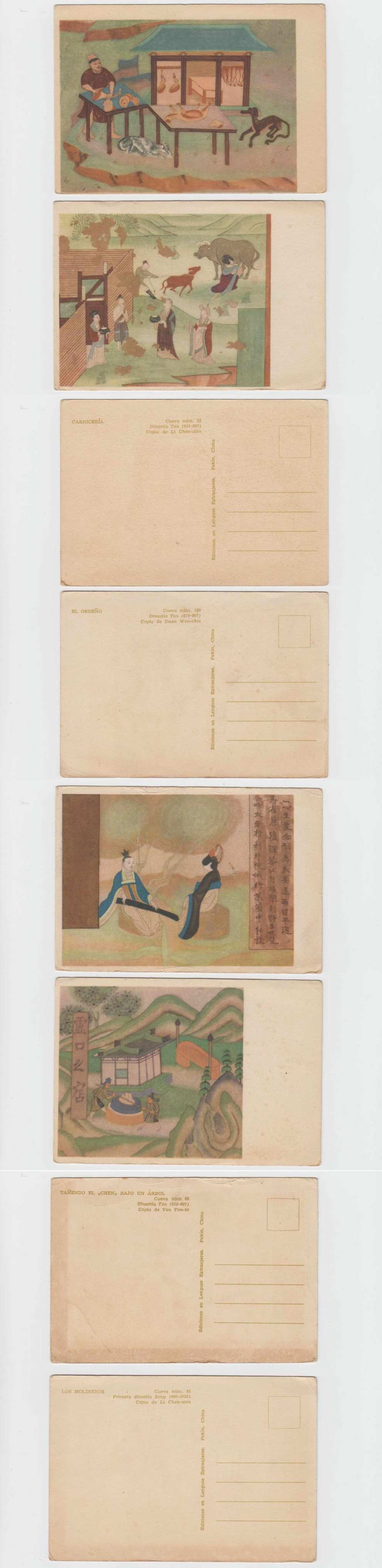 China 1920 — Group of 4 unused cards featuring the "Butcher", milking a cow, water & other