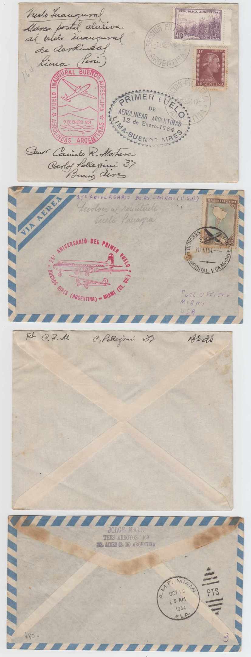 Argentina 1954 — Group of 10 different FF covers by Lade, Aerolineas Argentinas, Aeropostale, Pacific…