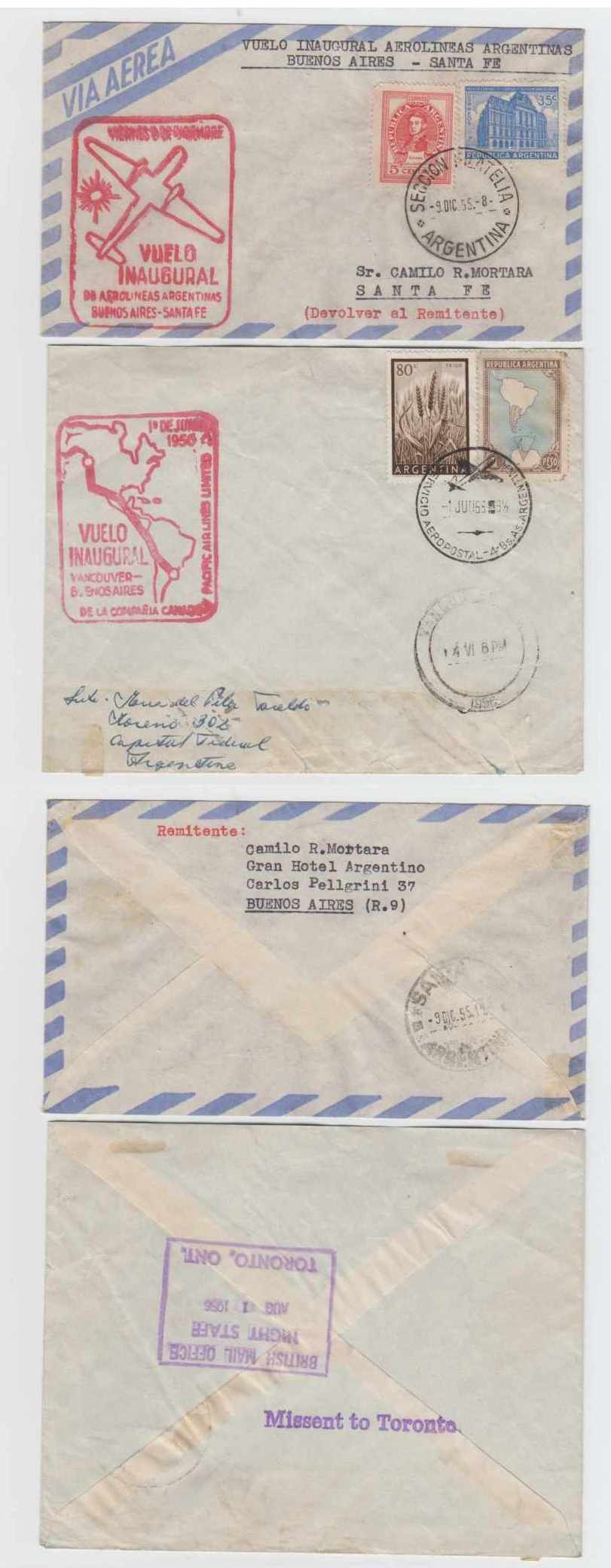Argentina 1954 — Group of 10 different FF covers by Lade, Aerolineas Argentinas, Aeropostale, Pacific…