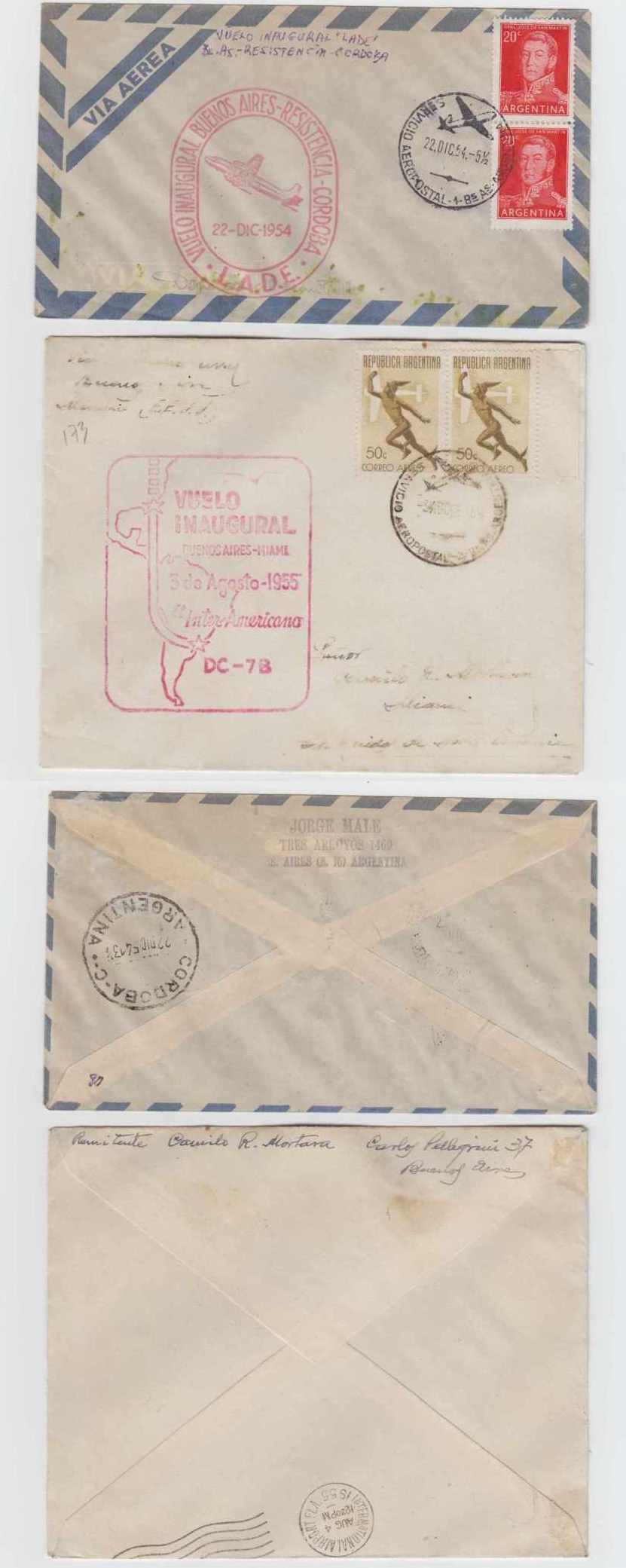 Argentina 1954 — Group of 10 different FF covers by Lade, Aerolineas Argentinas, Aeropostale, Pacific…