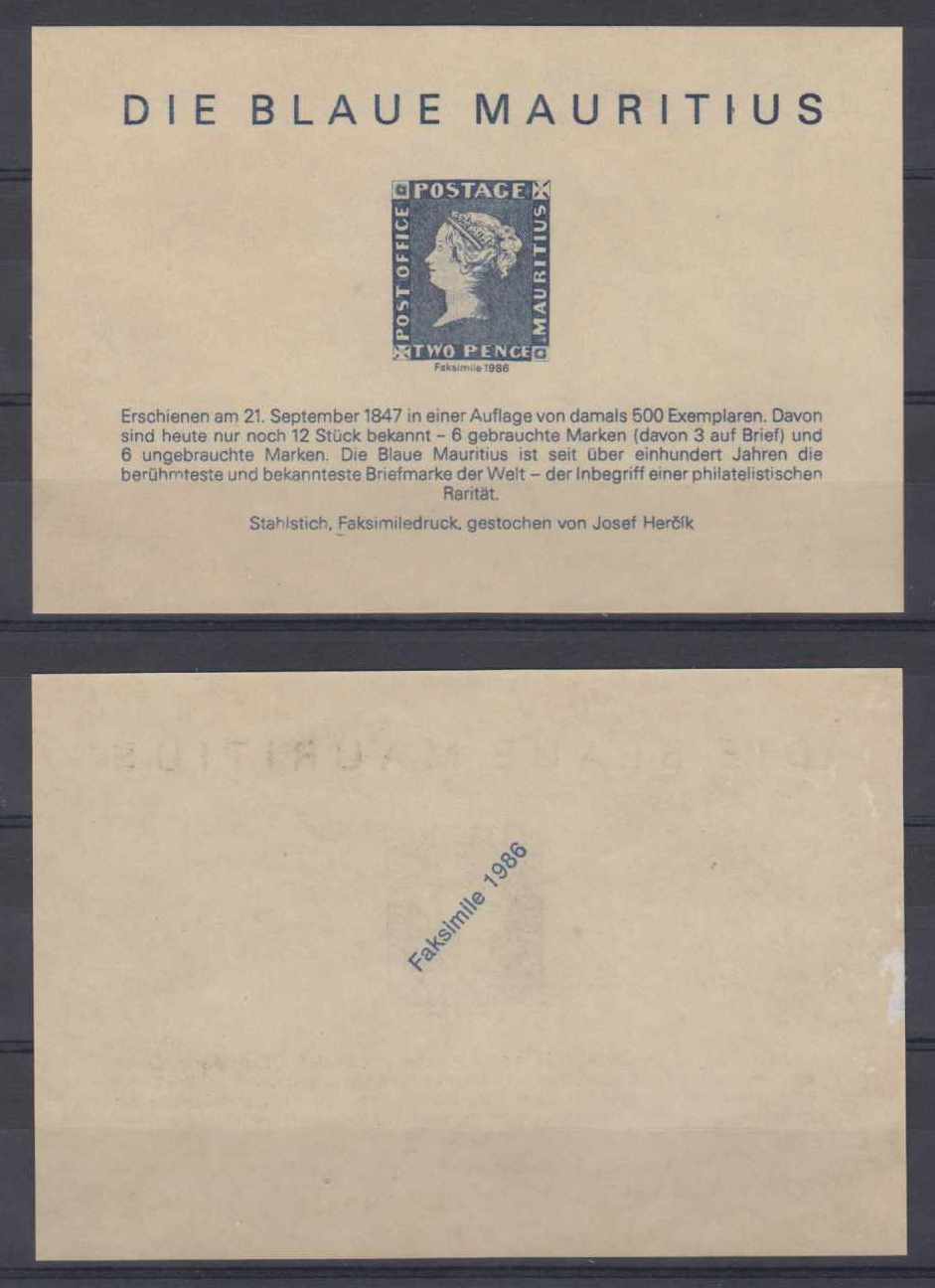 Mauritius 1986 — Two Pence, "Die Blaue Mauritius" Souvenir Sheets with blue "Faksimile 1986" handstamps at…
