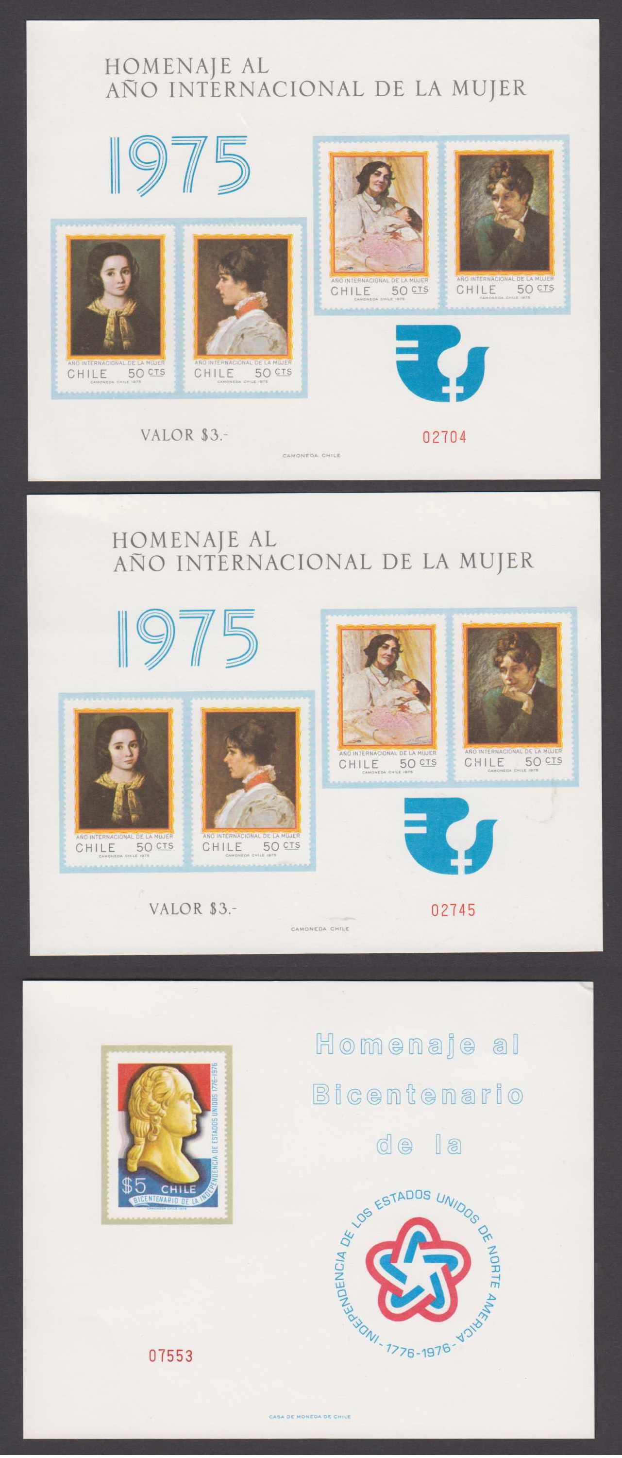 Chile 1975 — Three unlisted Souvenir Sheets with Scott 473-476 & 492