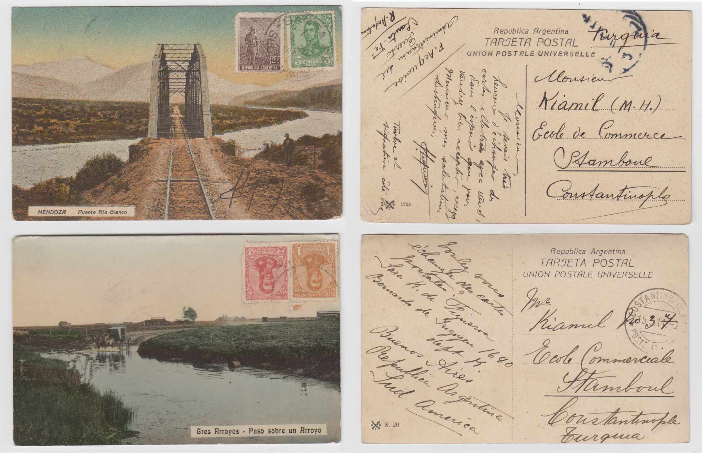 Argentina 1911 — Collection of 4 color Ppc's with 5 or 6 cents rate to Istambul, Constantinople, Turkey…