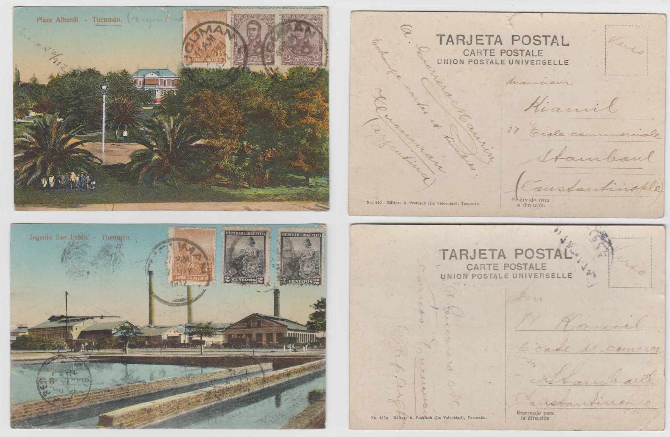 Argentina 1911 — Collection of 4 color Ppc's with 5 or 6 cents rate to Istambul, Constantinople, Turkey…