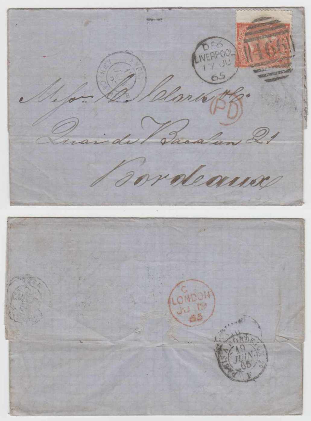 Great Britain 1865 — Scott 34, Jumbo single on entire letter sheet, duplex "Liverpool 466" 17 JU 65 to…