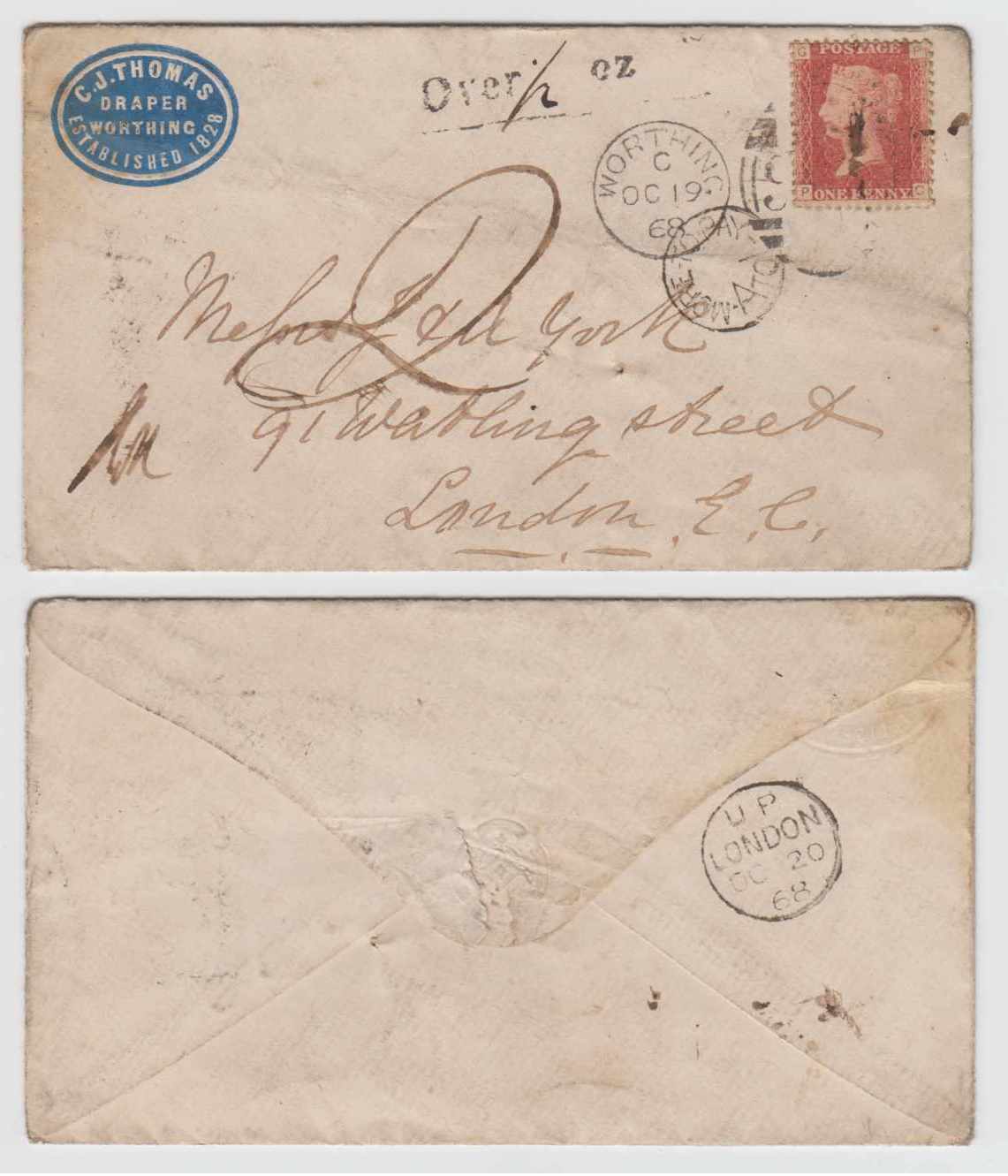 Great Britain 1868 — Scott 20 on commercial cover tied by duplex "Worthing 923" OC 19 68 to London with "More…
