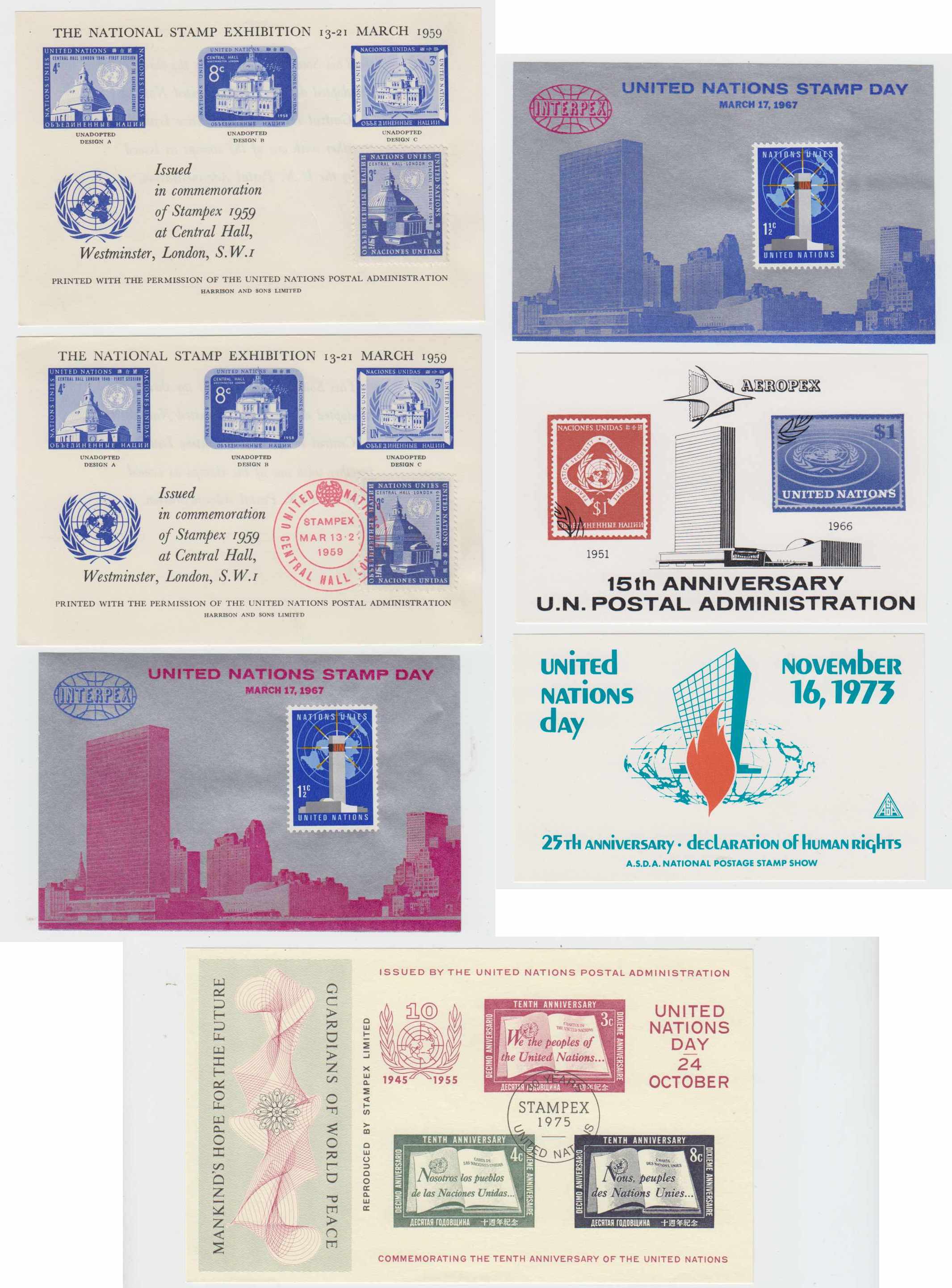 United Nations 1959 — Group of 7 Souvenir Sheets for philatelic Exhibitions : Stampex 59, Interpex 67, Aeropex…