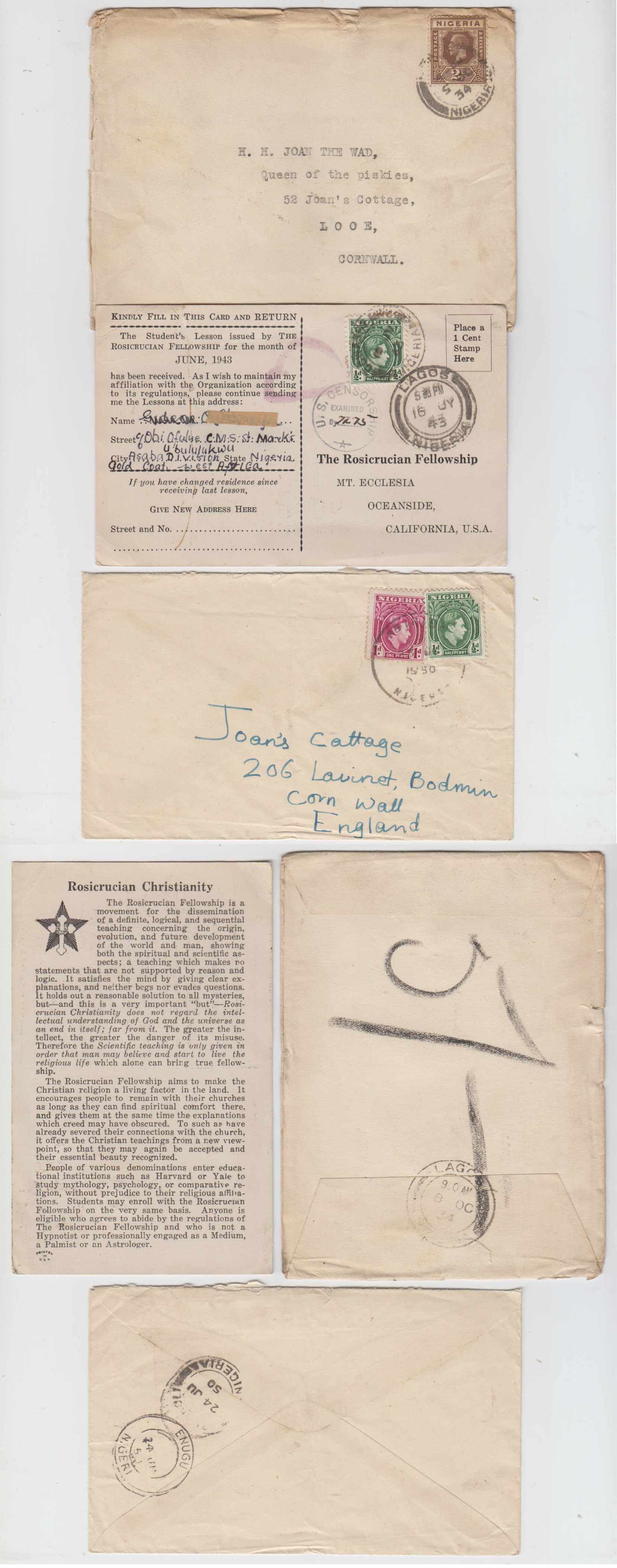Nigeria 1934 — Two covers & a card with 2d, 1/2 d & 1 1/2d rates to Cornwall, USA or England