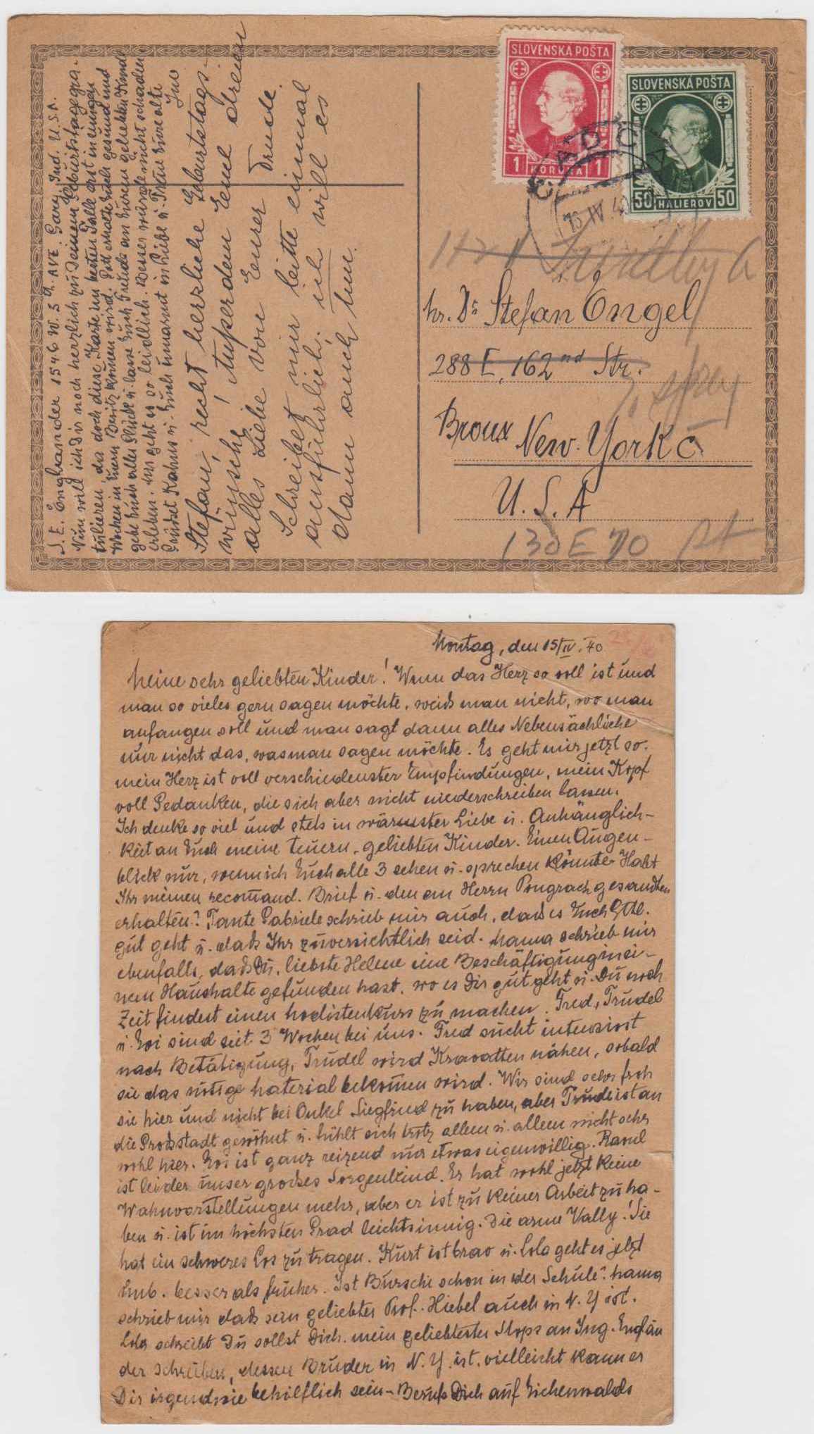 Slovakia 1940 — Postal Card to USA