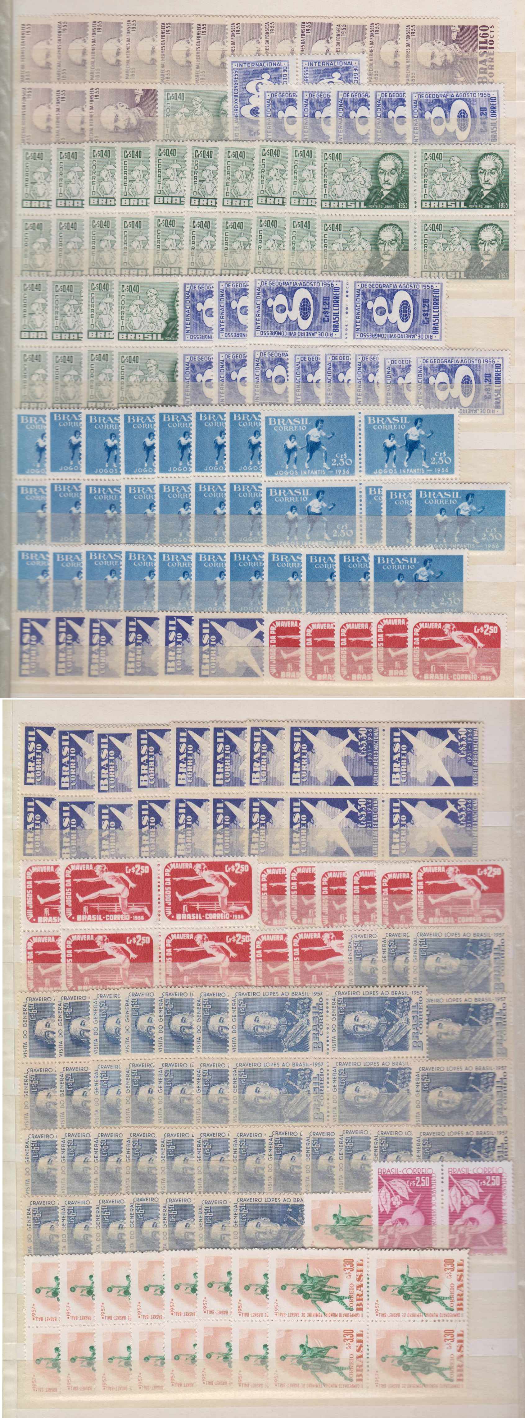 Brazil 1955 — Mint never hinged accumulation of 1070+ stamps Scott 816 thru 907
