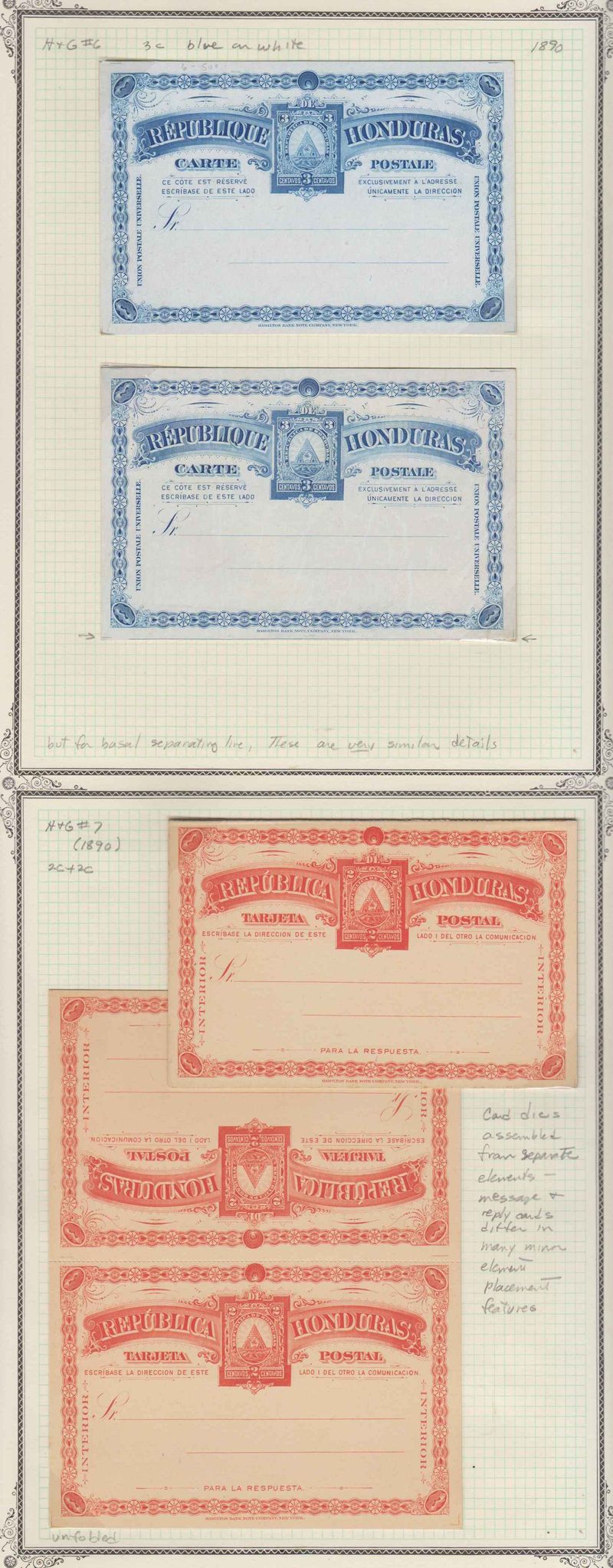 Honduras 1890 — Cards & Double Cards collection on 5 pages with H & G 6-8, 7a & 8a