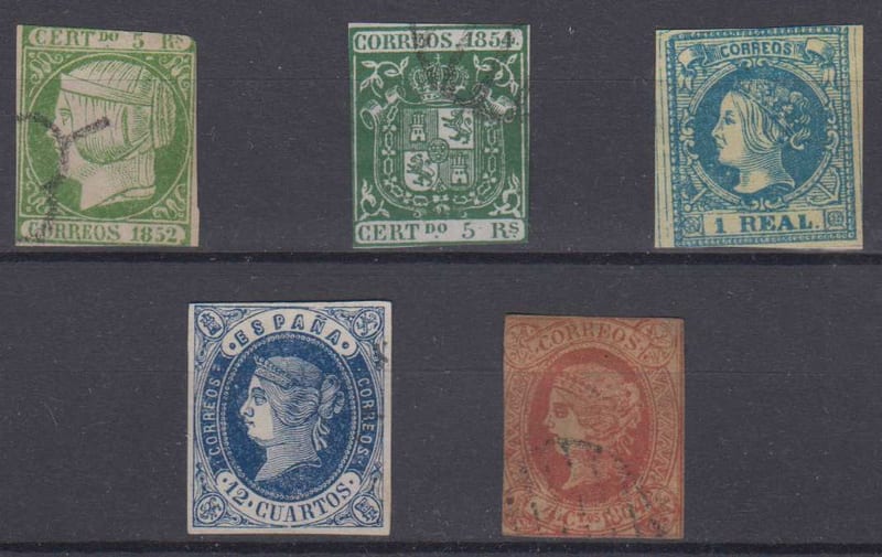 Spain 1852 — Scott 15, 29, 53, 57 & 62