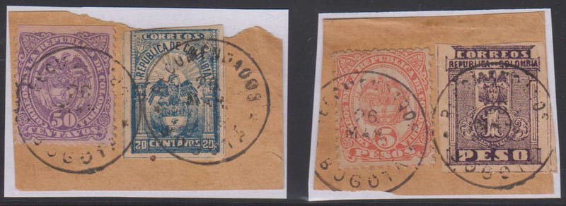 Colombia 1902 — Scott 155-286 & 158-272 on separate pieces used by "Recomendado Bogota" 26 Mar cds
