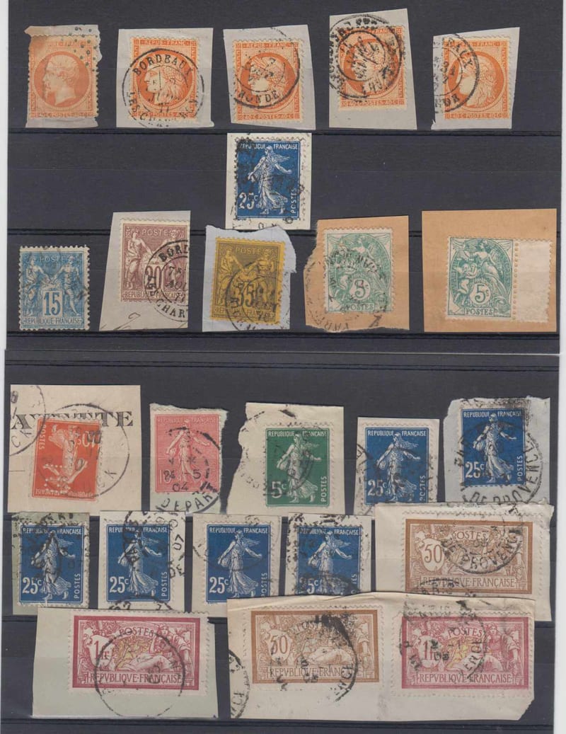 France 1877 — Group of 22 pieces & a single with choice cancels, shades