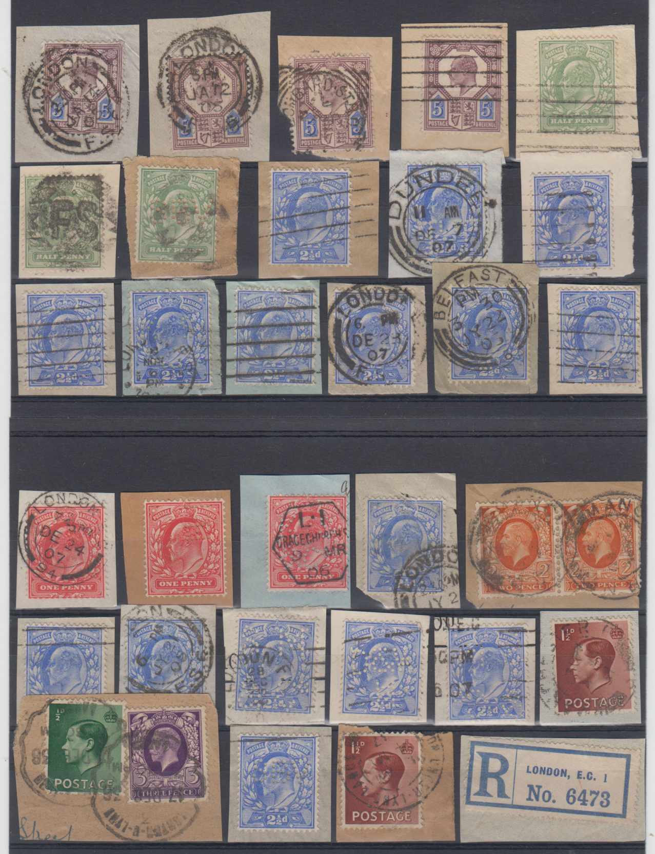 Great Britain 1900 — Group of 30 pieces including shades & Perfins and choice cancels, (Belfat, etc)