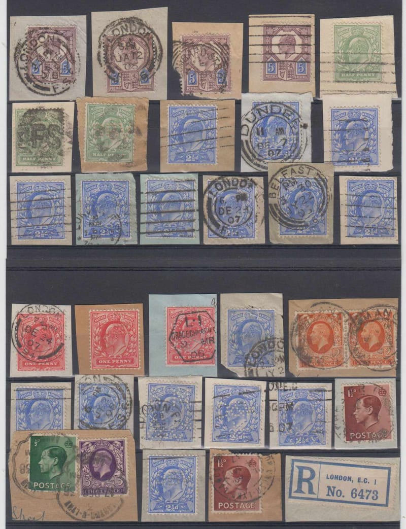 Great Britain 1900 — Group of 30 pieces including shades & Perfins and choice cancels, (Belfat, etc)