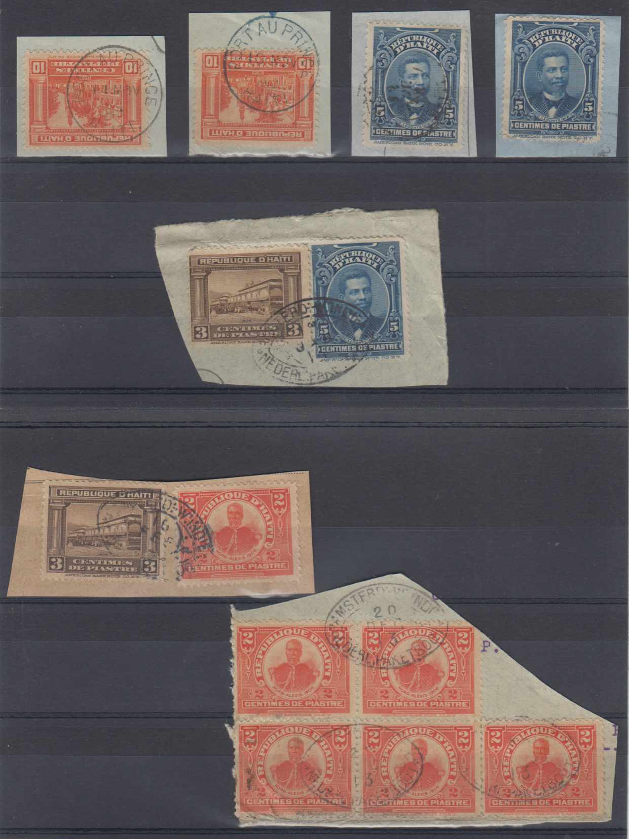 Haiti 1910 — Dutch Packet (Paquebot) & other cancels on 7 pieces, including a large piece with 5…