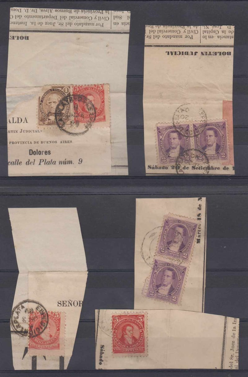 Argentina 1888 — Group of 5 pieces (Judicial clippings) with 4 cents, 5 cents or 6 cents rate