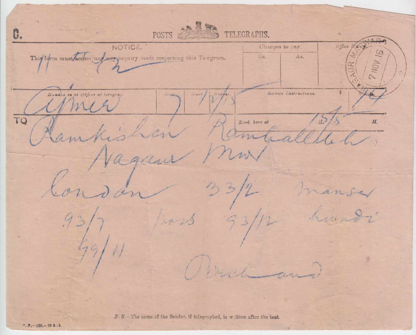India 1909 — Indian Telegraphs Notice forms, type C