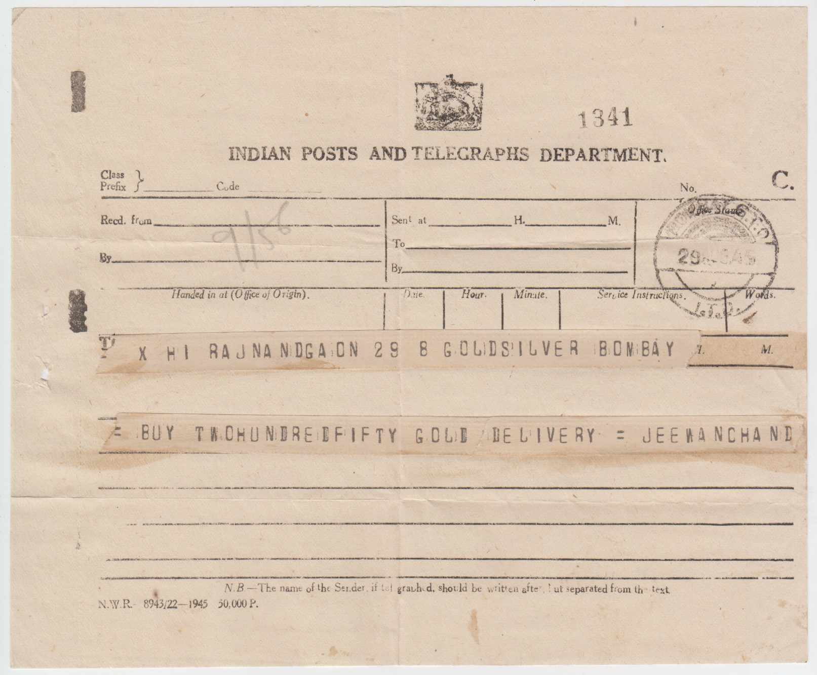 India 1945 — Indian Post & Telegraphs Department