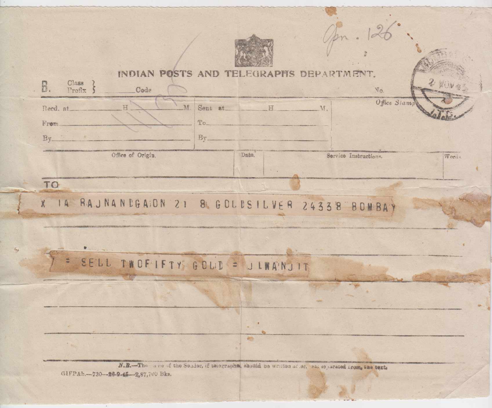 India 1945 — Indian Post & Telegraphs Department