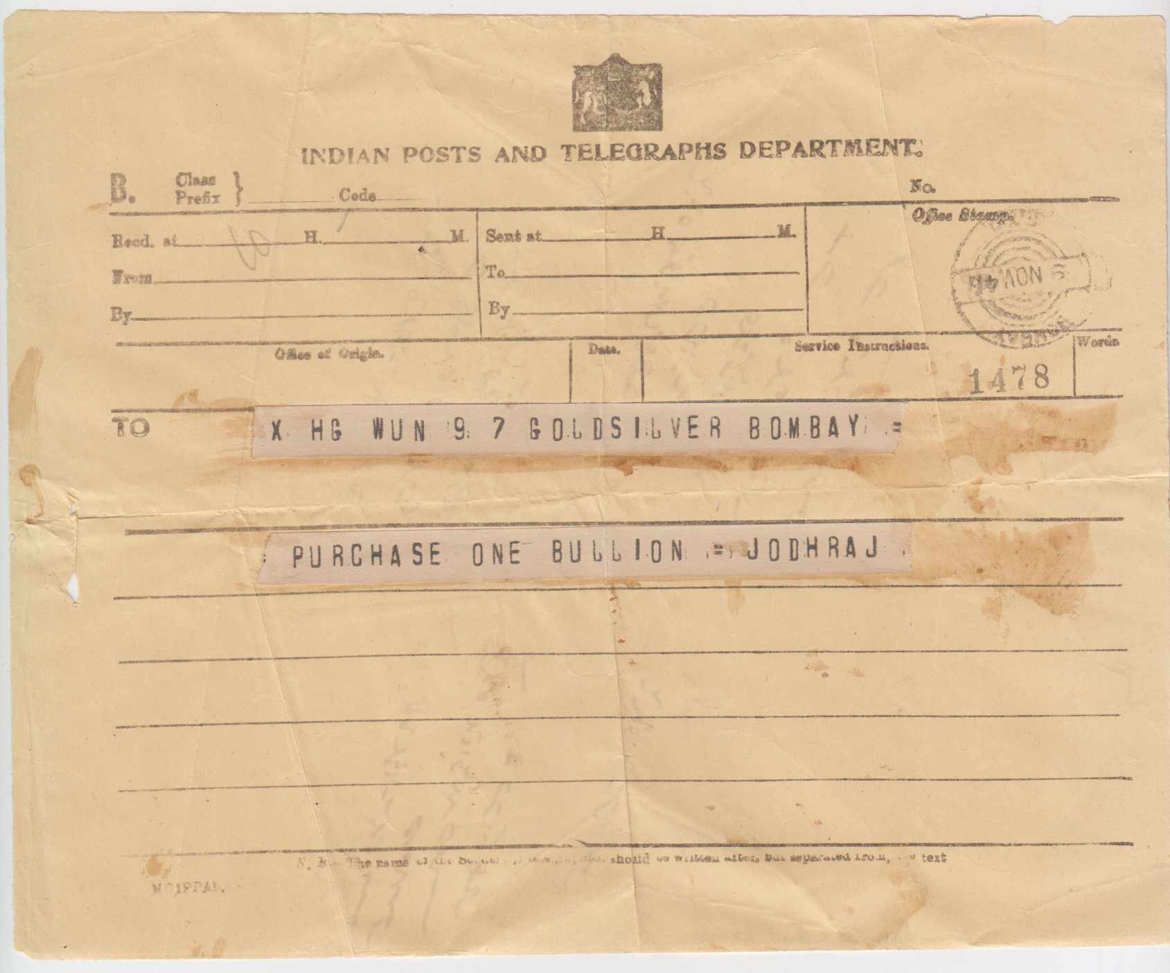 India 1945 — Indian Post & Telegraphs Department