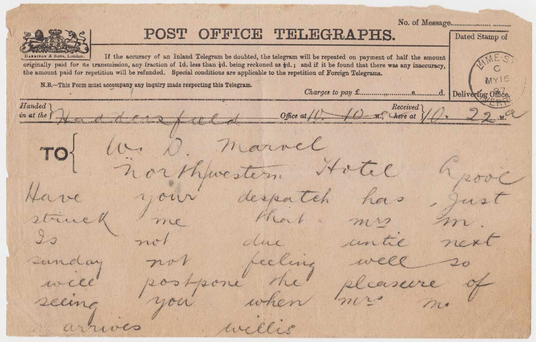 Great Britain 1887 — Telegraph: Harrison & Son London printed Post Office telegraph form, "Lime ST