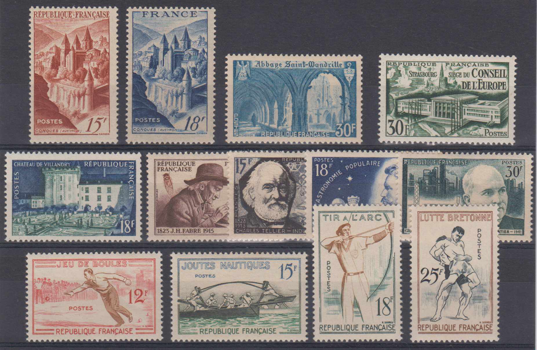 France 1947 — Scott 590, 593, 623, 679, 729, 790-793 & 883-886