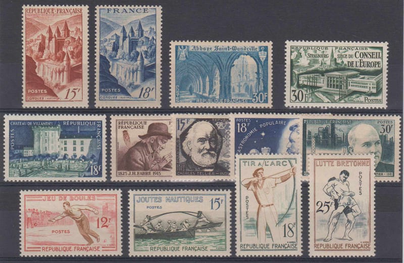 France 1947 — Scott 590, 593, 623, 679, 729, 790-793 & 883-886