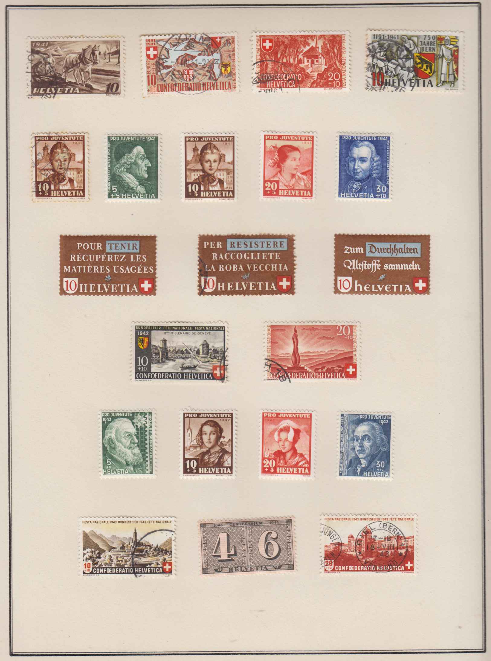 Switzerland 1941 — Ordinary & semipostal stamps collection on 14 pages, chiefly in full sets with much…