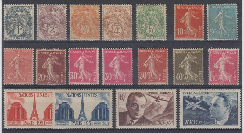 France 1900 — Group of 18 stamps on card including key values & full sets