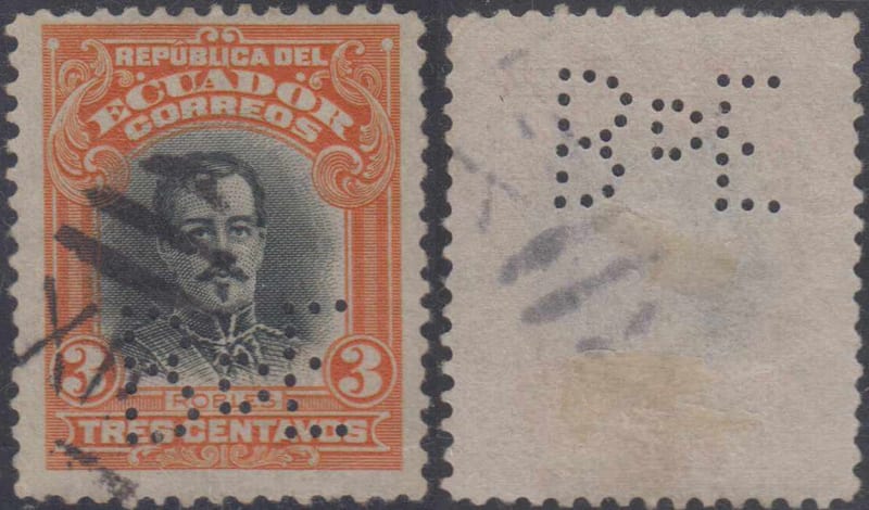 Ecuador 1911 — Perfin "BdE" (Banco de Ecuador) on Scott 204