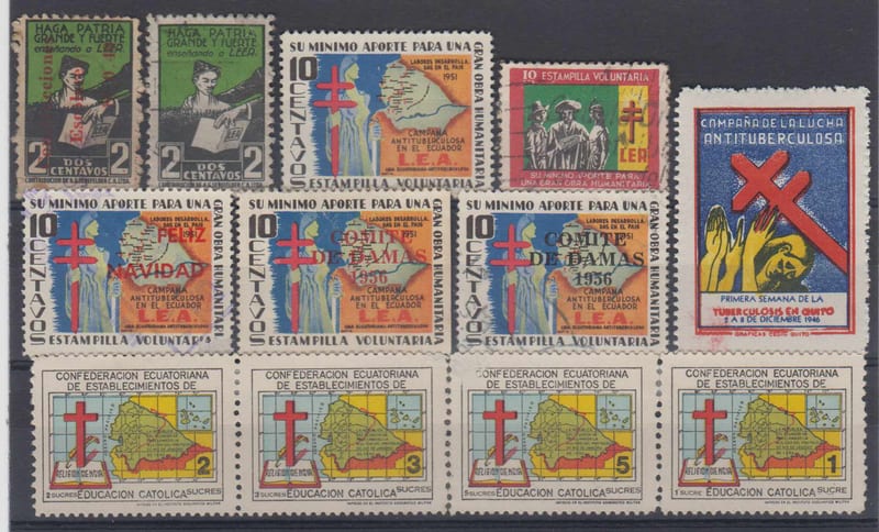 Ecuador 1926 — Group of 12 stamps on card including a reinforced with hinges strip of four