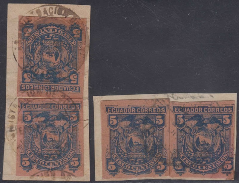 Ecuador 1896 — PS card outs & used as postage 5 cents, two singles on two separate pieces with different…