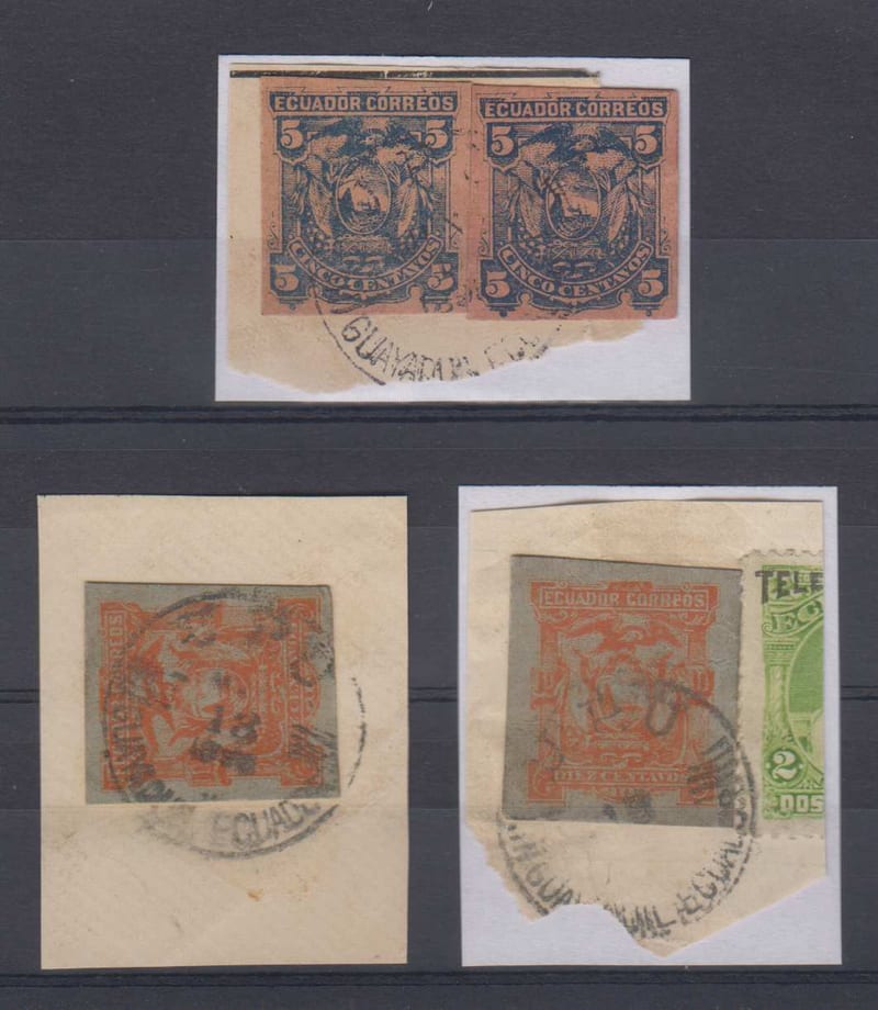 Ecuador 1896 — PS card cut outs & used as postage on three separate pieces