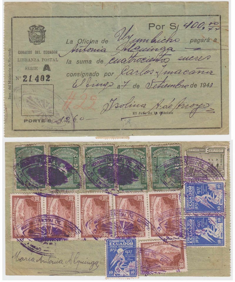 Ecuador 1943 — Postal Money Order of $400.00 with $12.60 rate (15 stamps at reverse) cancelled by neat…