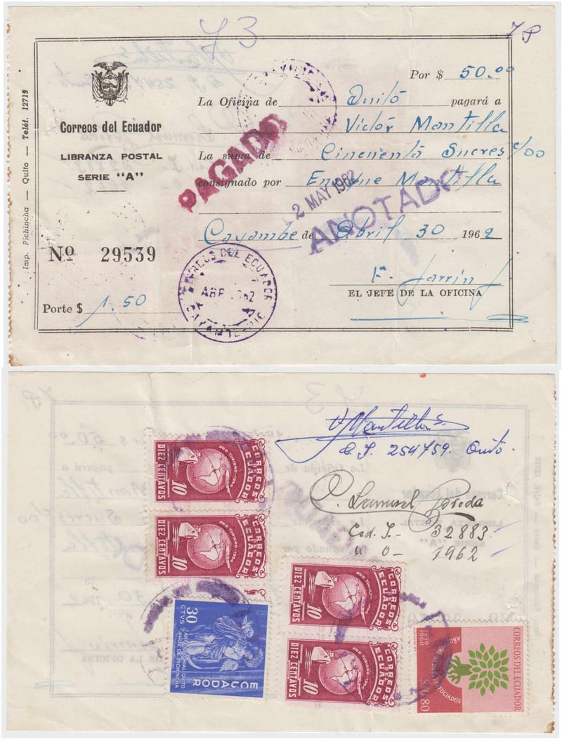 Ecuador 1962 — Postal Money Order of $50 with $1.50 rate (6 stamps at reverse) paying the full rate…