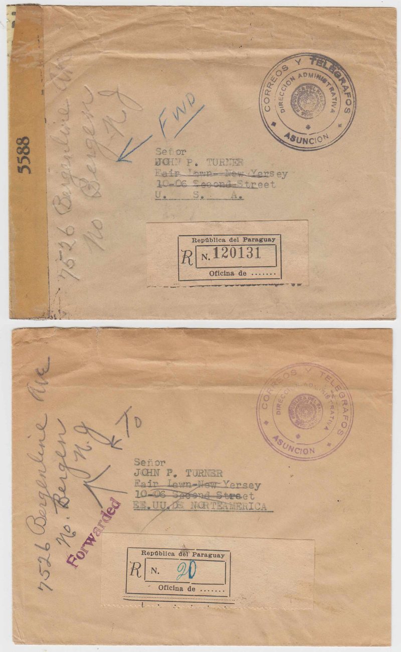 Paraguay 1944 — Censor & Uncensored official R-covers to USA, Both forwarded to Bergen, NJ