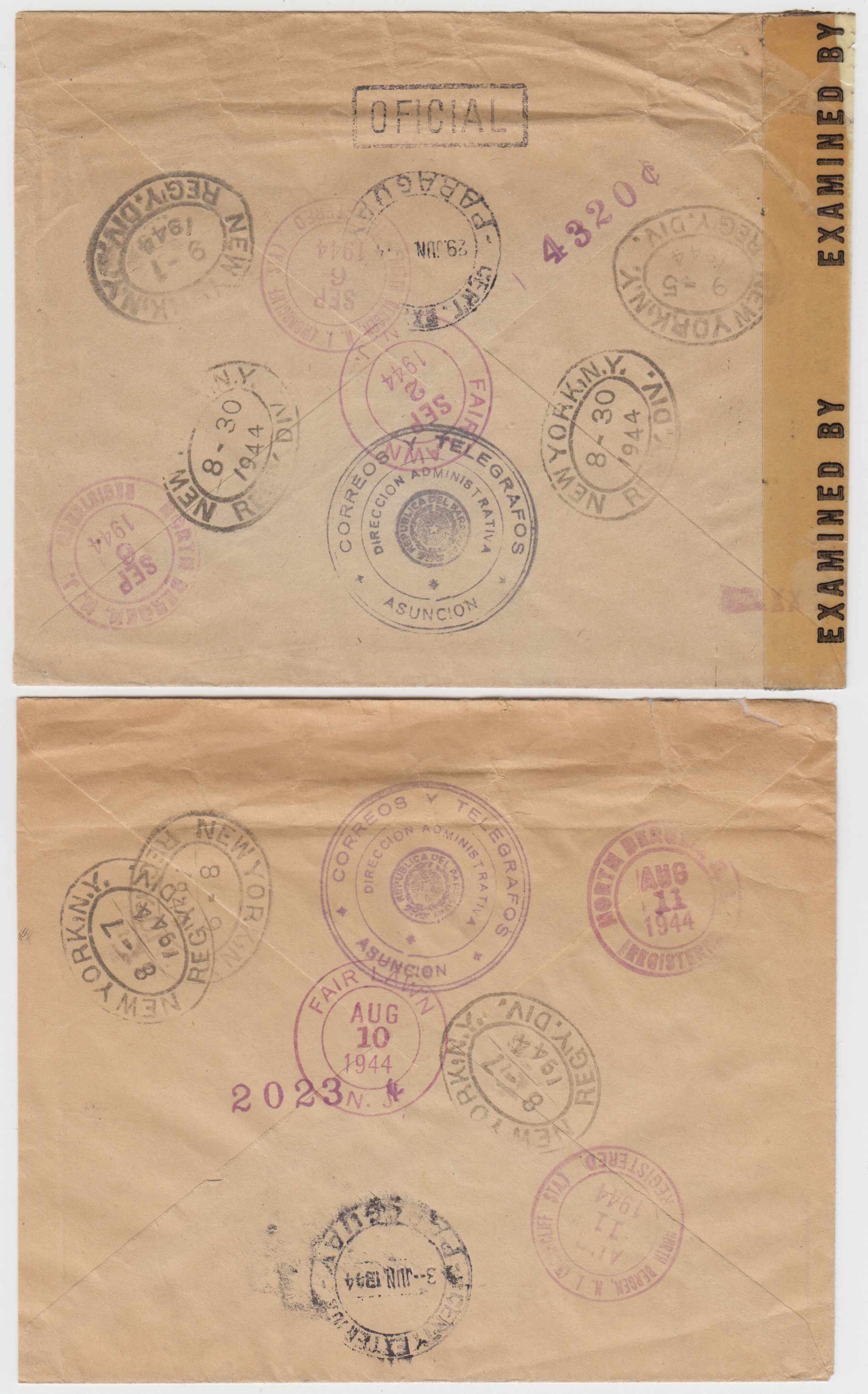 Paraguay 1944 — Censor & Uncensored official R-covers to USA, Both forwarded to Bergen, NJ