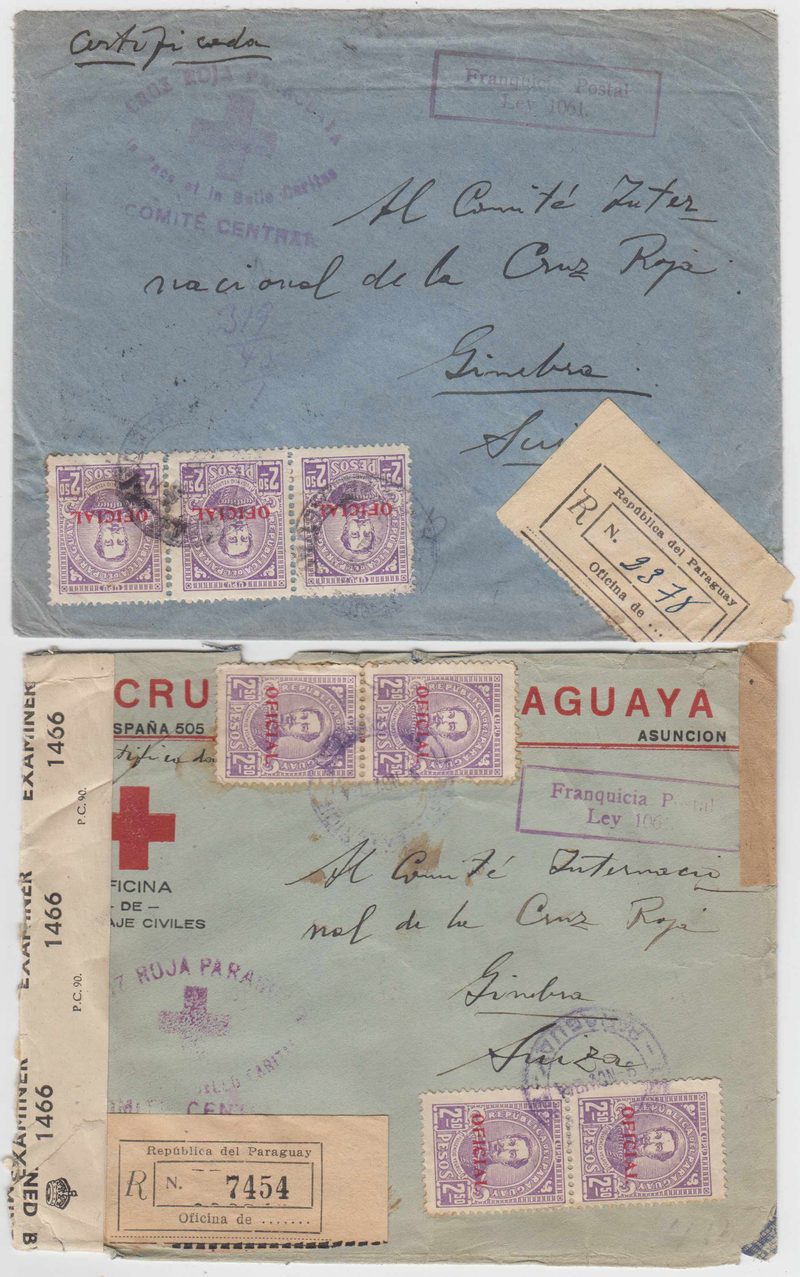 Paraguay 1944 — Red Cross Official uncensor & double censor R-covers to Red Cross Comittee in Geneve…