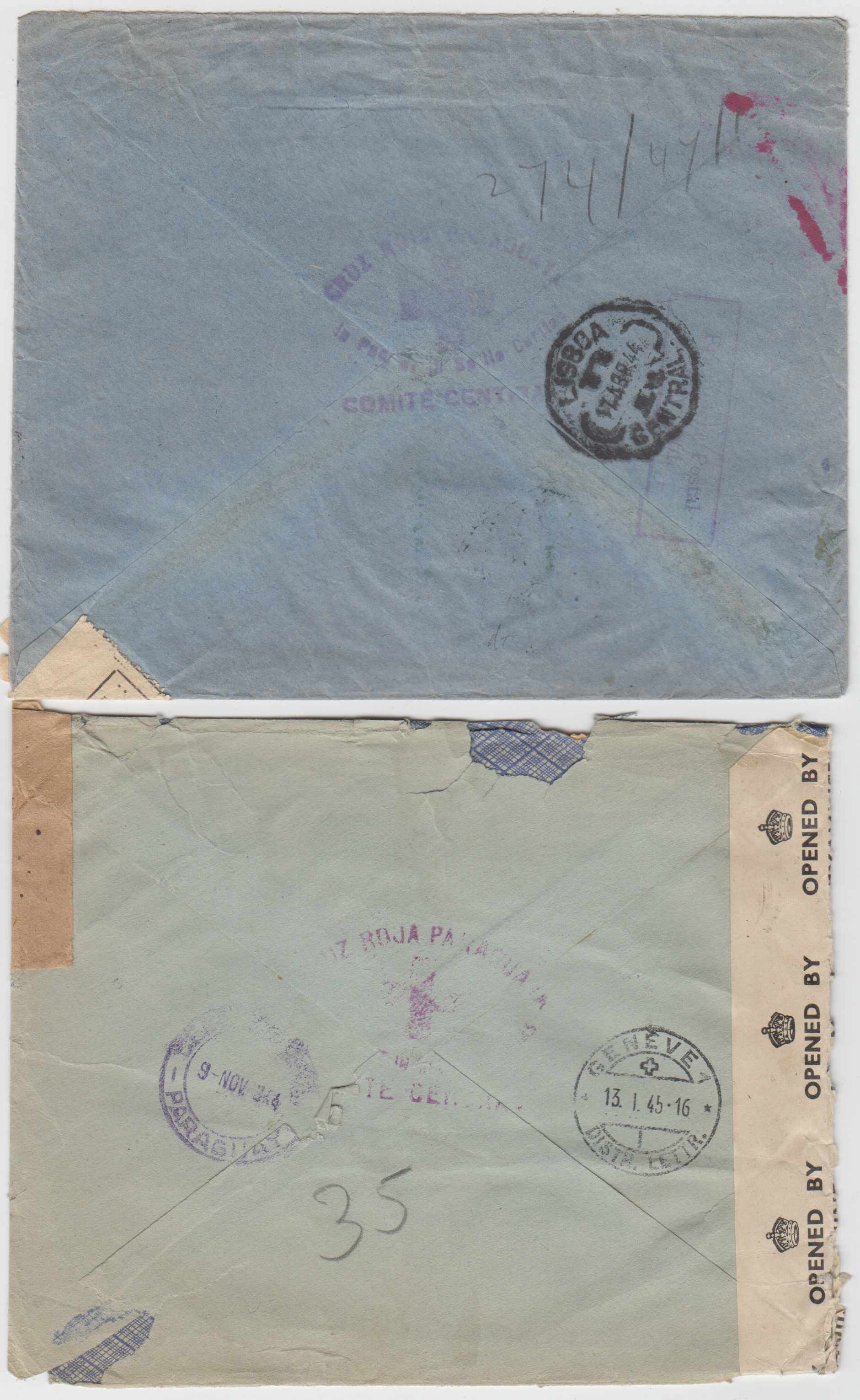 Paraguay 1944 — Red Cross Official uncensor & double censor R-covers to Red Cross Comittee in Geneve,…