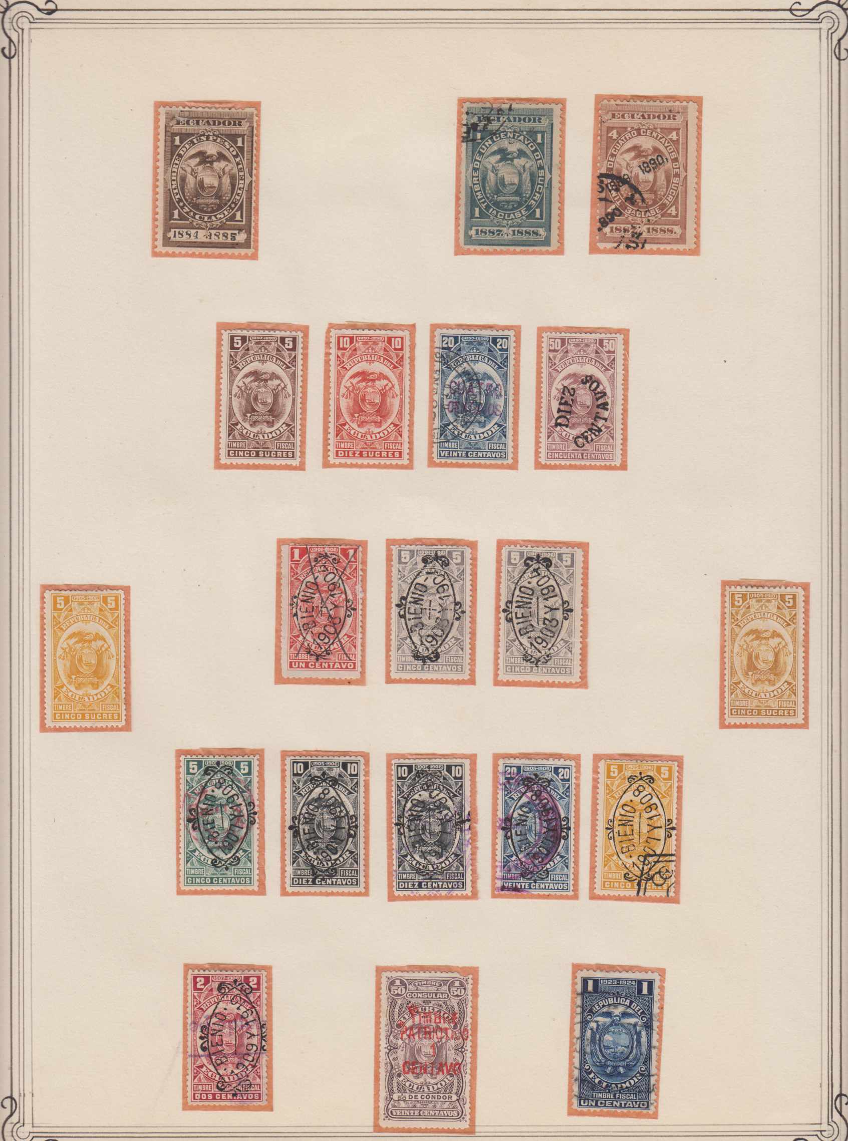 Ecuador 1890 — Airpost, official, postal fiscals, telegraph & Bob issues collection on 9 album pages