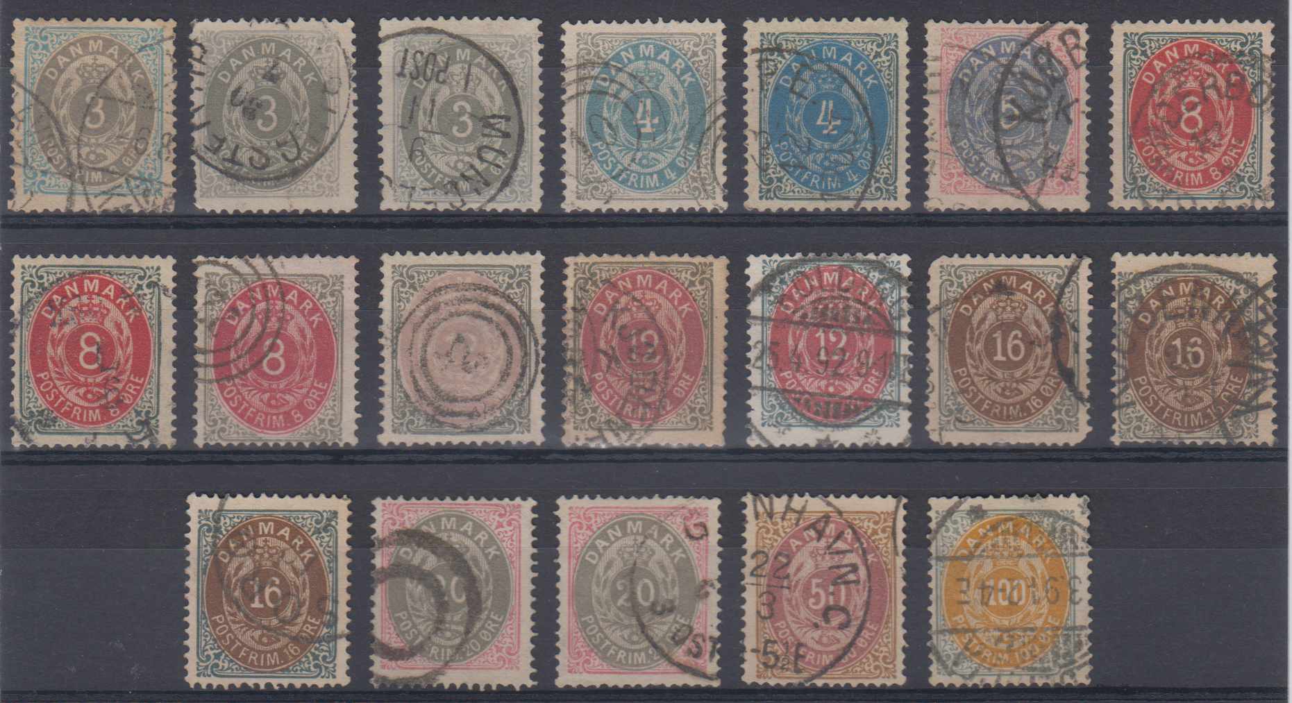 Denmark 1875 — Scott 25-31 & 33-34 top values